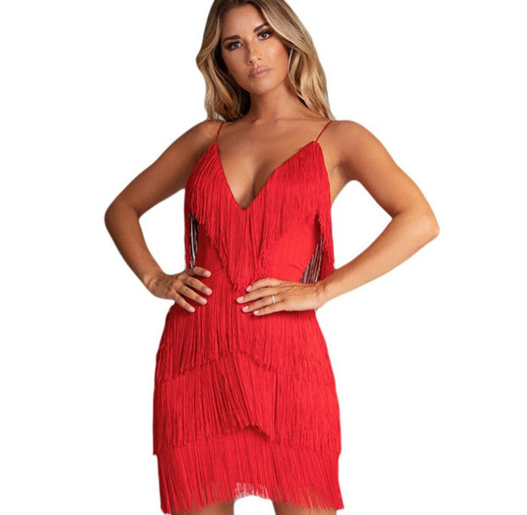 Charming Sexy Tassel Stitching Backless Deep Dress