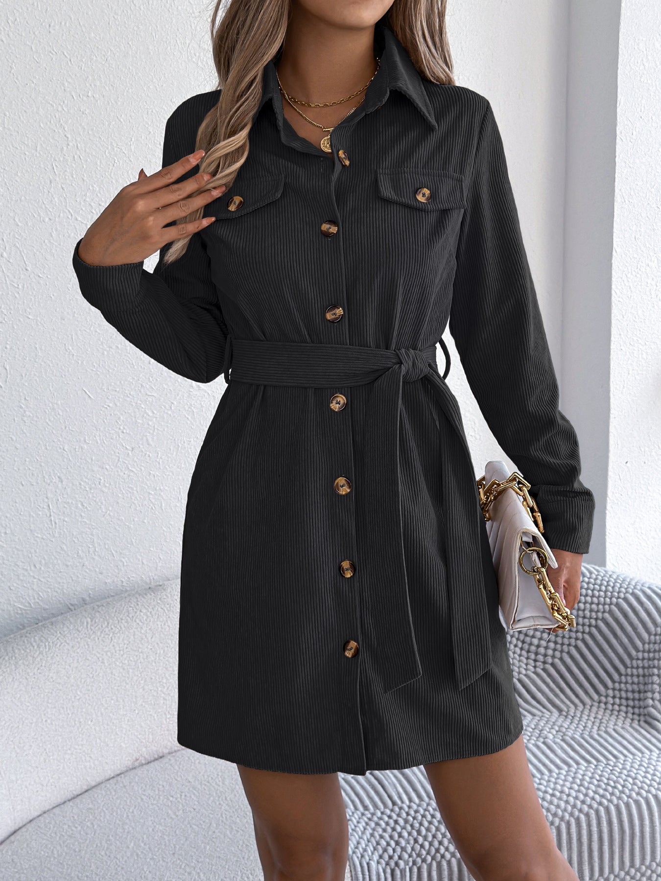 Women's Casual Solid Color Single-breasted Long Sleeve Corduroy Dress