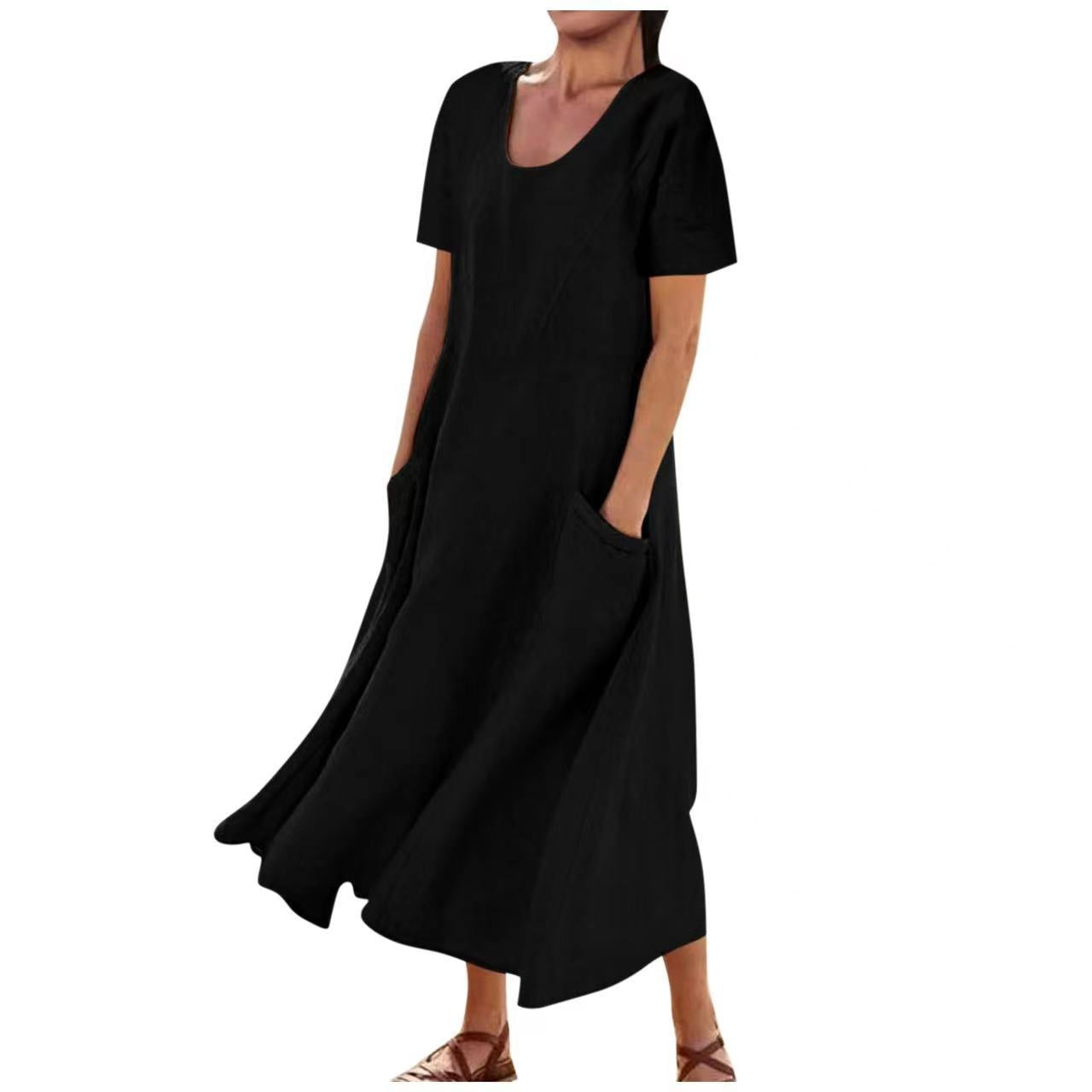 Women's Summer Solid Color Cotton Linen Pocket Dresses
