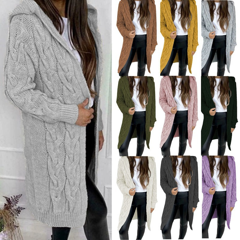 Mid-length Solid Color Twist Hooded Knit Women's Sweater