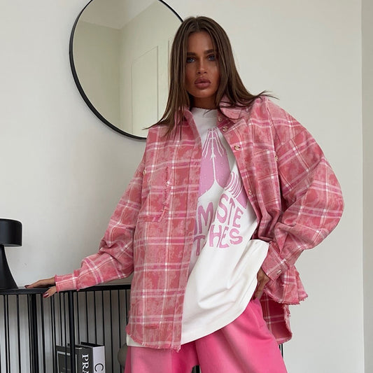 Plaid Shirt Retro Trendy Loose Pink Blouses