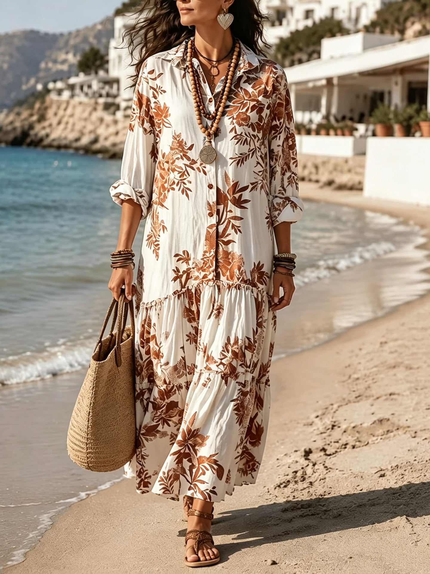 Plant Floral Print Long Sleeve Shirt Pleated Expansion For Dress