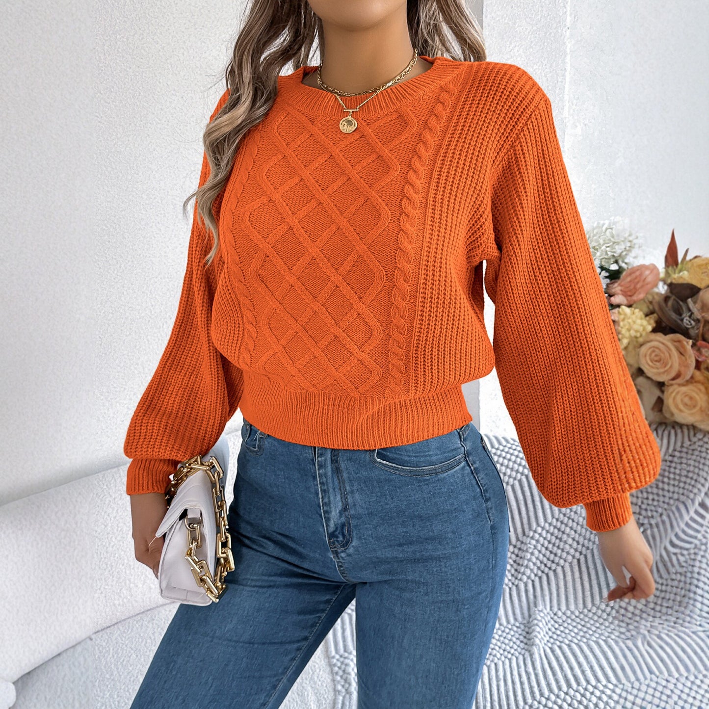 Women's Solid Color Twist Lantern Long Sleeve Sweater