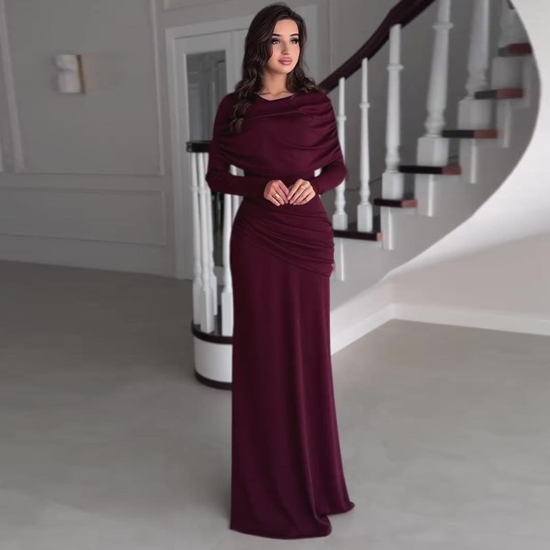 Women's Round Neck Design Pleated Waist Tight Dresses