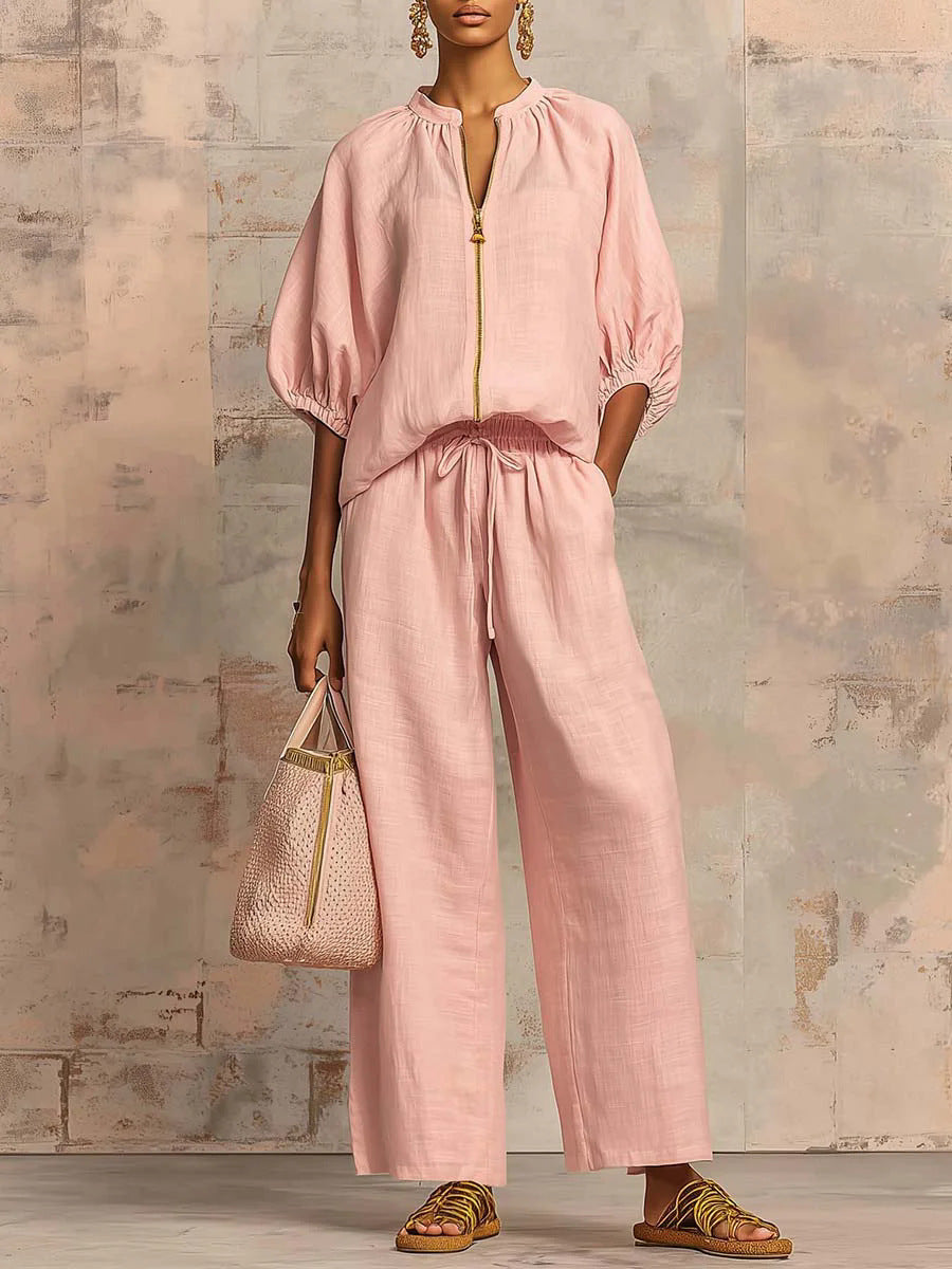 Loose Vacation Style Zipped Round Neck Wide Suits