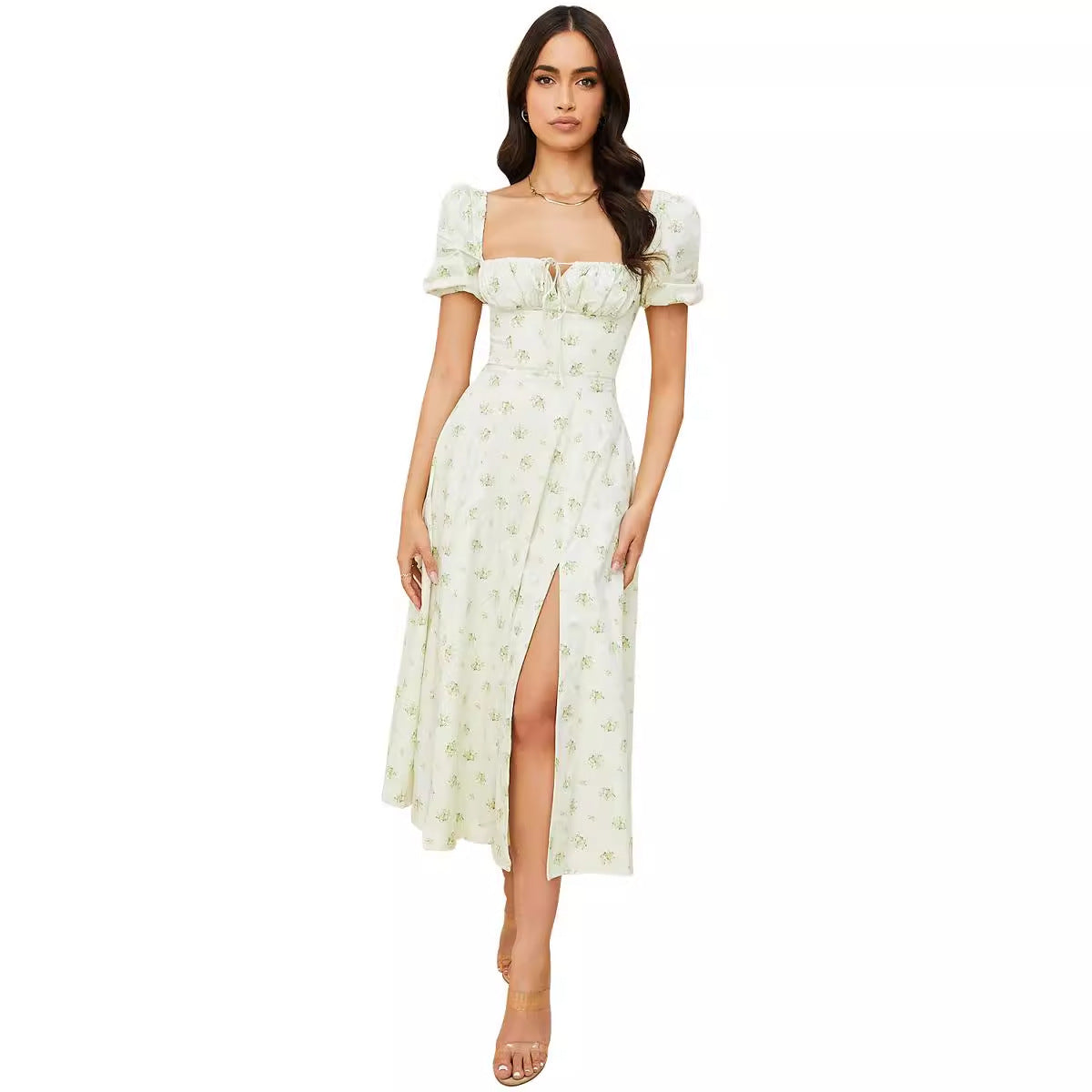 Summer Fashion Puff Sleeve Floral Split Maxi Dresses