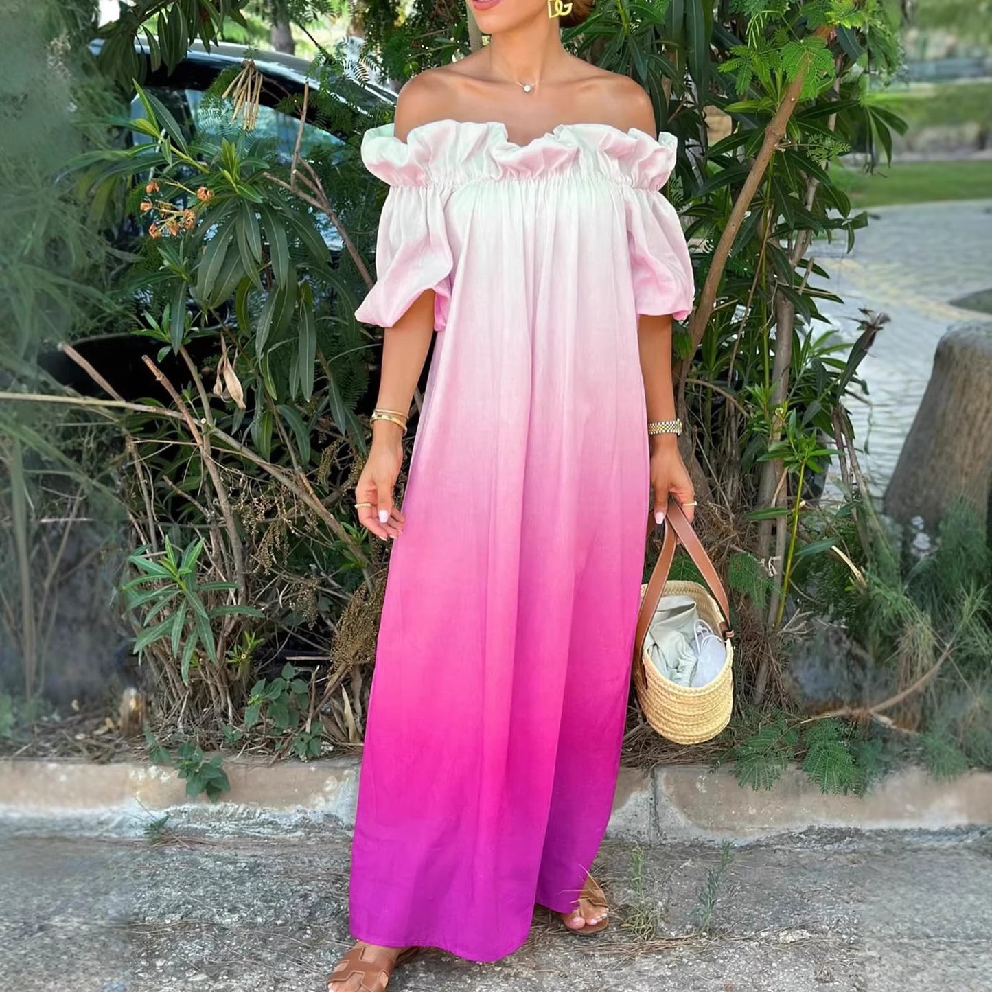 Gradient Backless Lazy Puff Sleeve Loose Dress