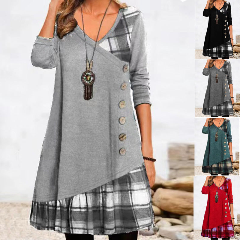 Women's Casual Patchwork Button Long Sleeve Dress