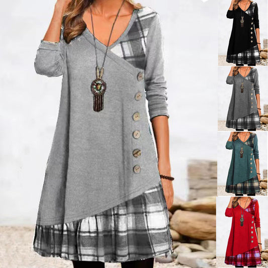 Women's Casual Patchwork Button Long Sleeve Dress