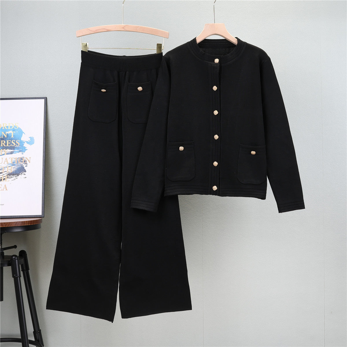 Women's Knitting Wide Leg Trousers Classic Style Two-piece Tops