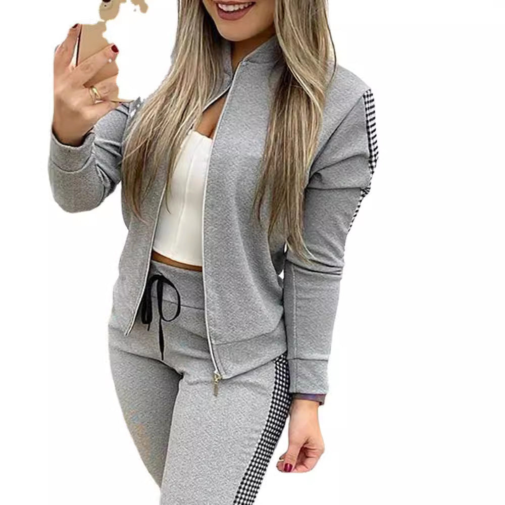 Women's Long Sports Zipper Stitching Plaid Clothing