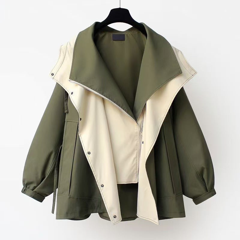 Women's Autumn Loose Lapels Hooded Zipper Patchwork Coats
