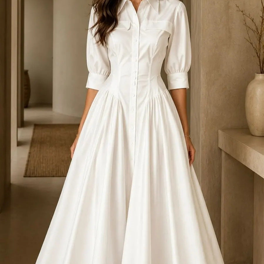 Linen Blended Breasted High Waist Pure Color Dress