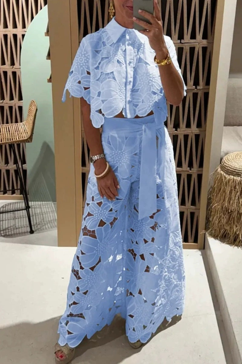 Summer Hollowed Leisure Lace Shirt Trousers Suits