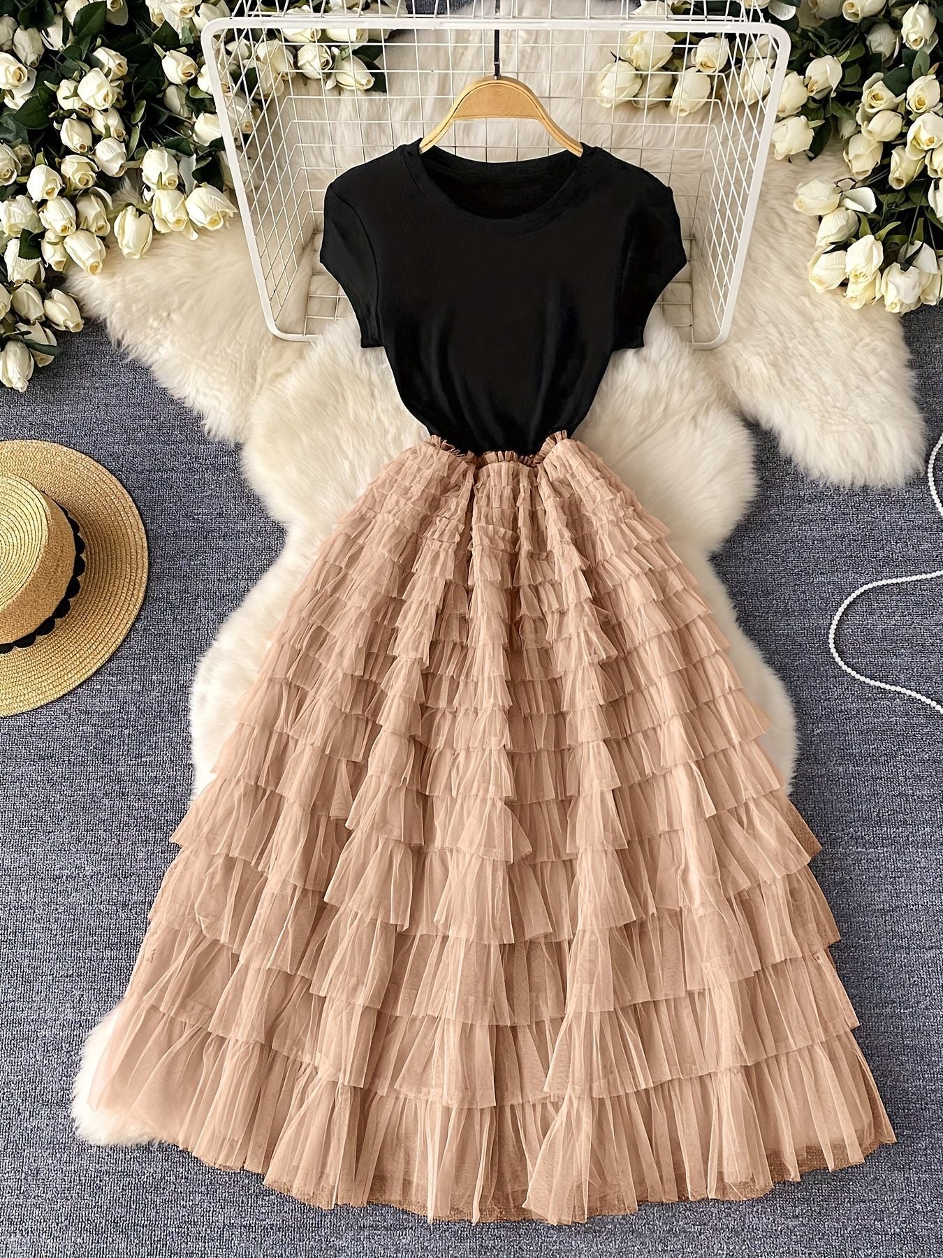 Women's Patchwork Mesh Summer French Waist Dress