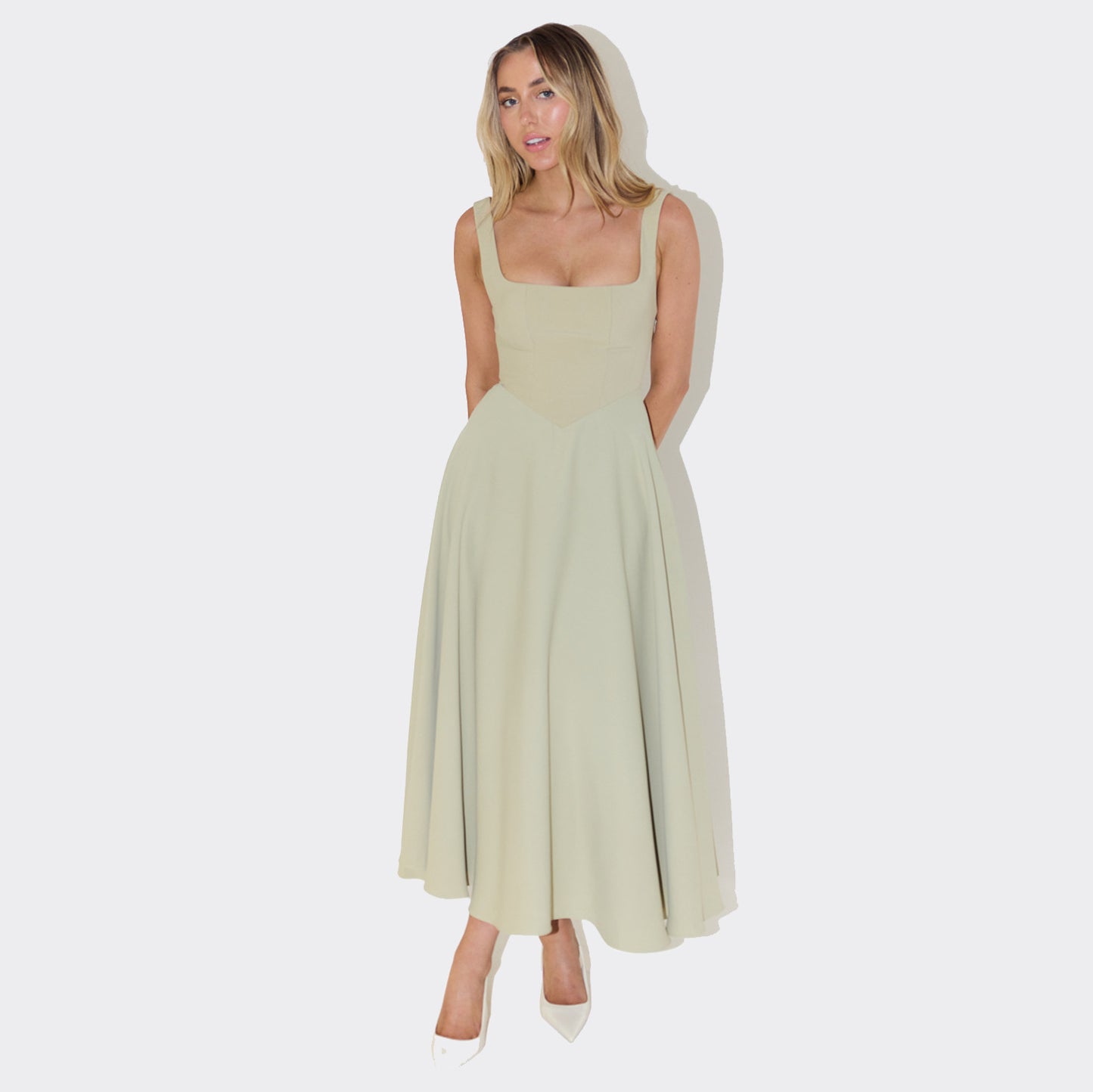Women's Summer Temperament Square Collar Sleeveless Waist Trimming Dress