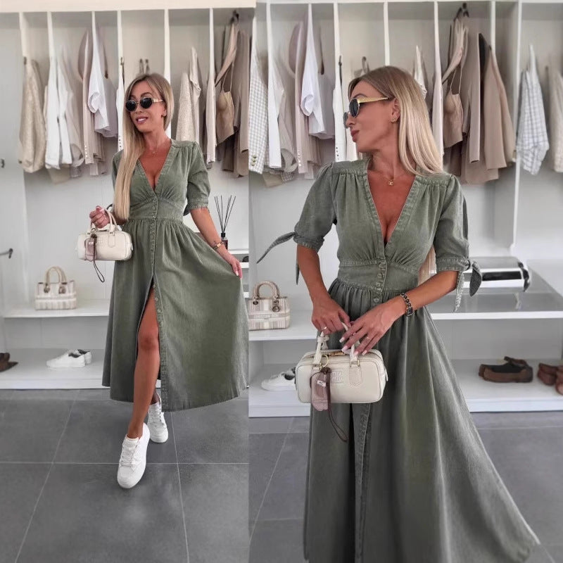 Women's Fashion Long Collar Sleeve Loose Denim Button Dresses
