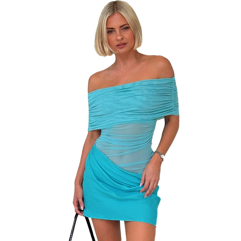 Women's Mesh Stitching Midriff Pleated Dress Dresses