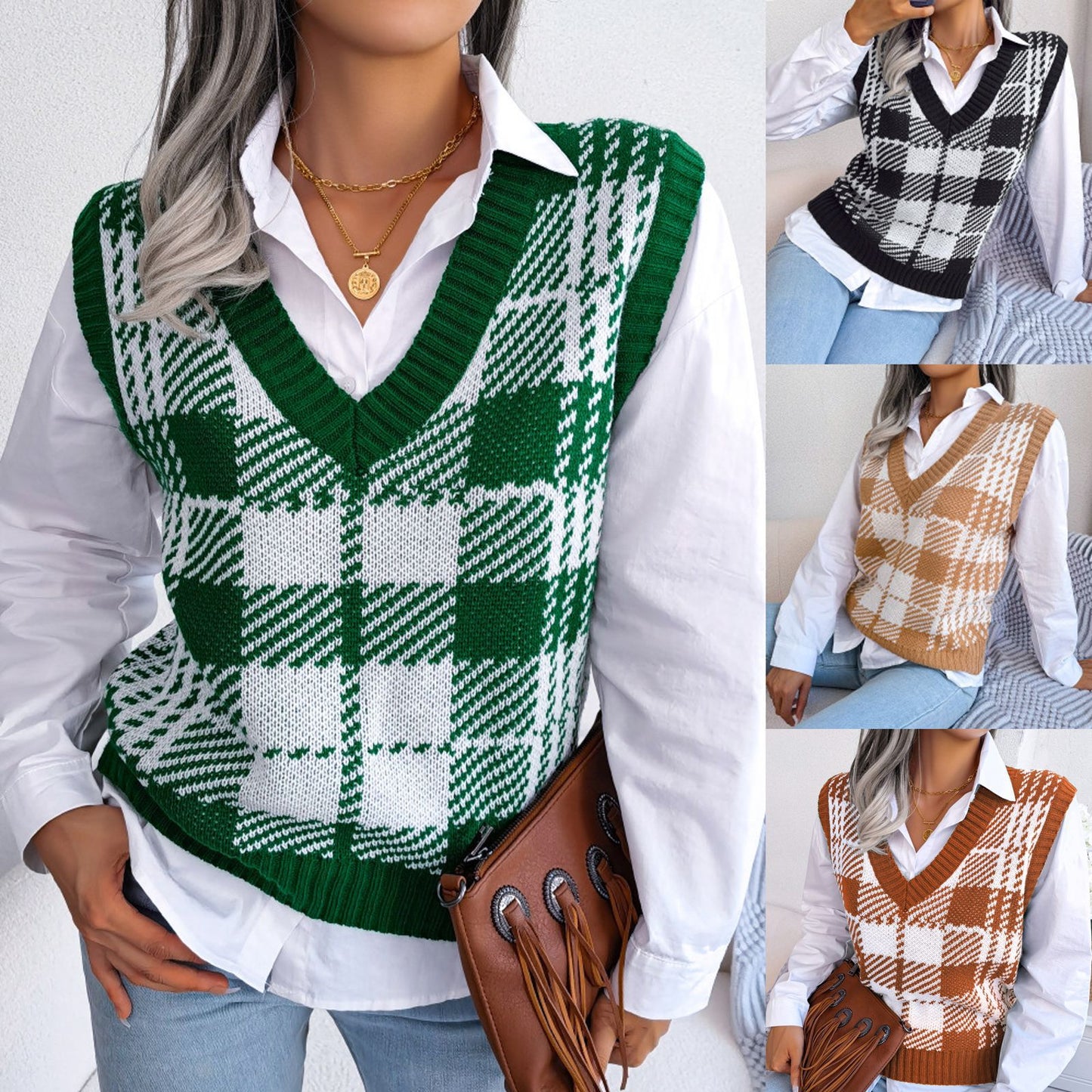 Beautiful Women's Clearance Casual Check Knitted Sweaters