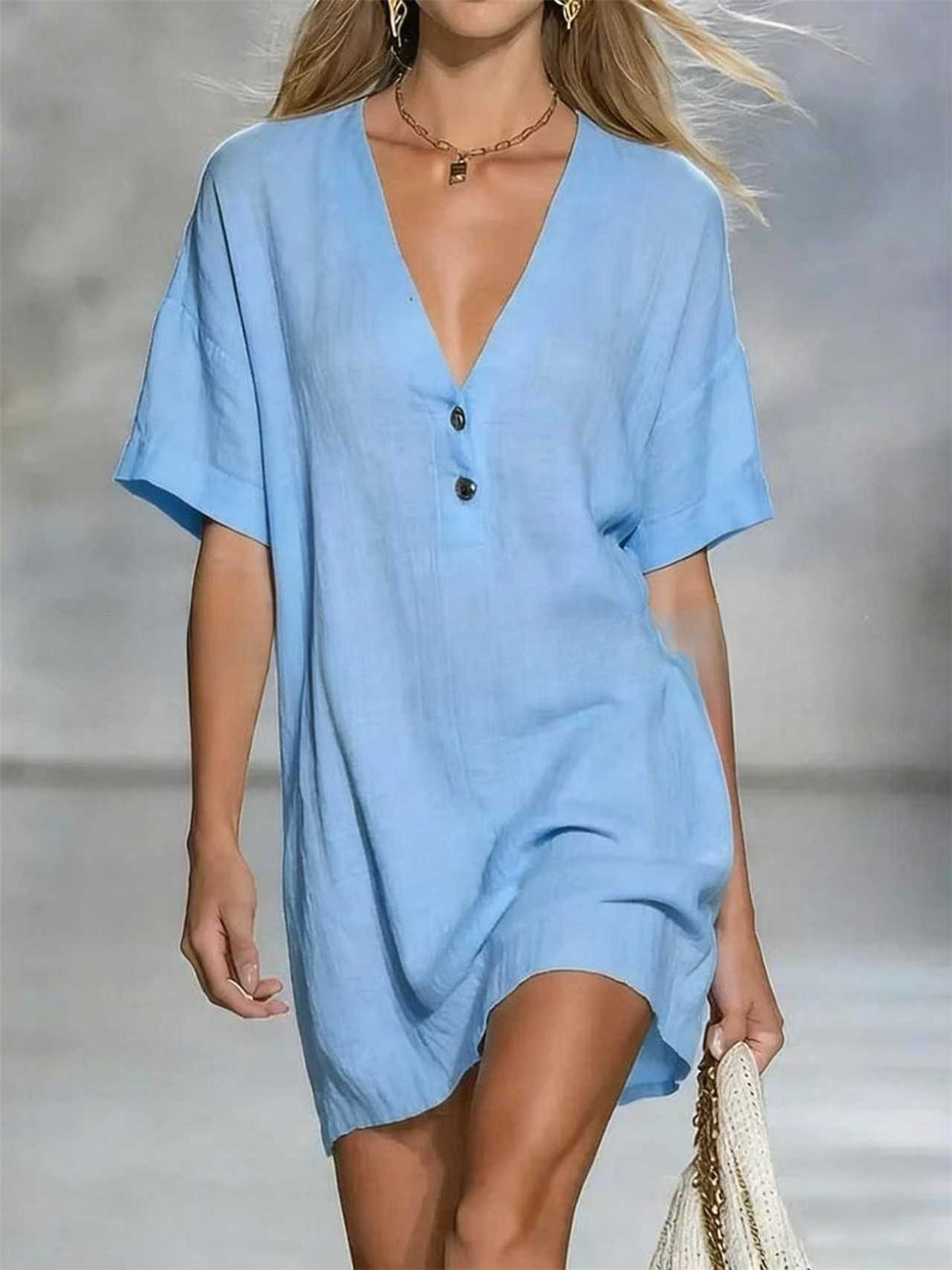 Women's Fashion Sleeve Solid Color Casual Button Dress