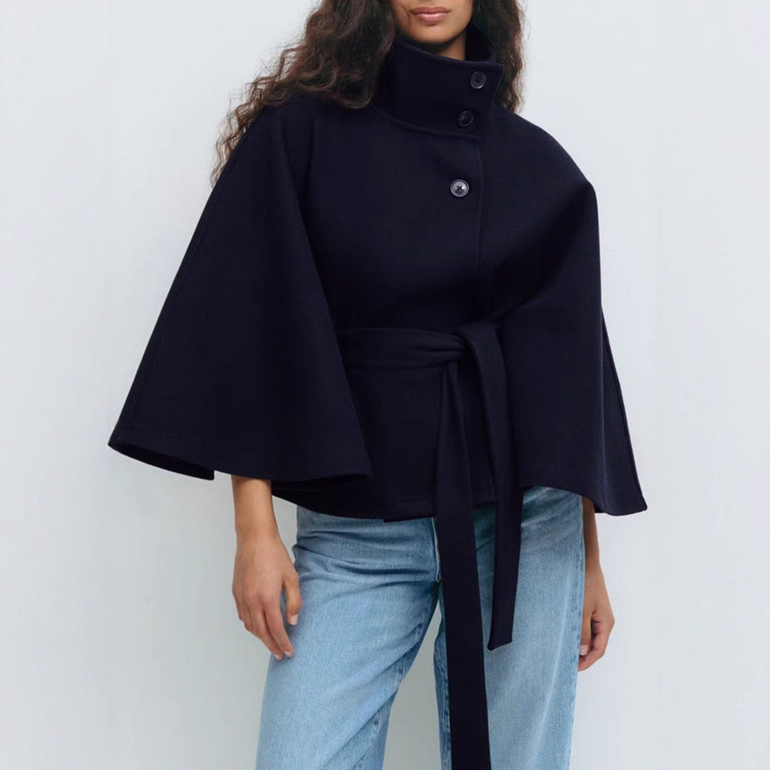 Women's Color Cloak Stand Collar Button Belt Coats