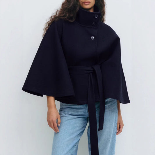 Women's Color Cloak Stand Collar Button Belt Coats