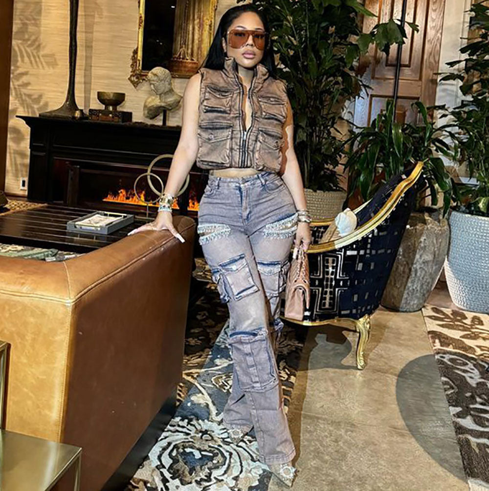 Women's Fashion Retro Tassel Pendant Drill Cargo Jeans