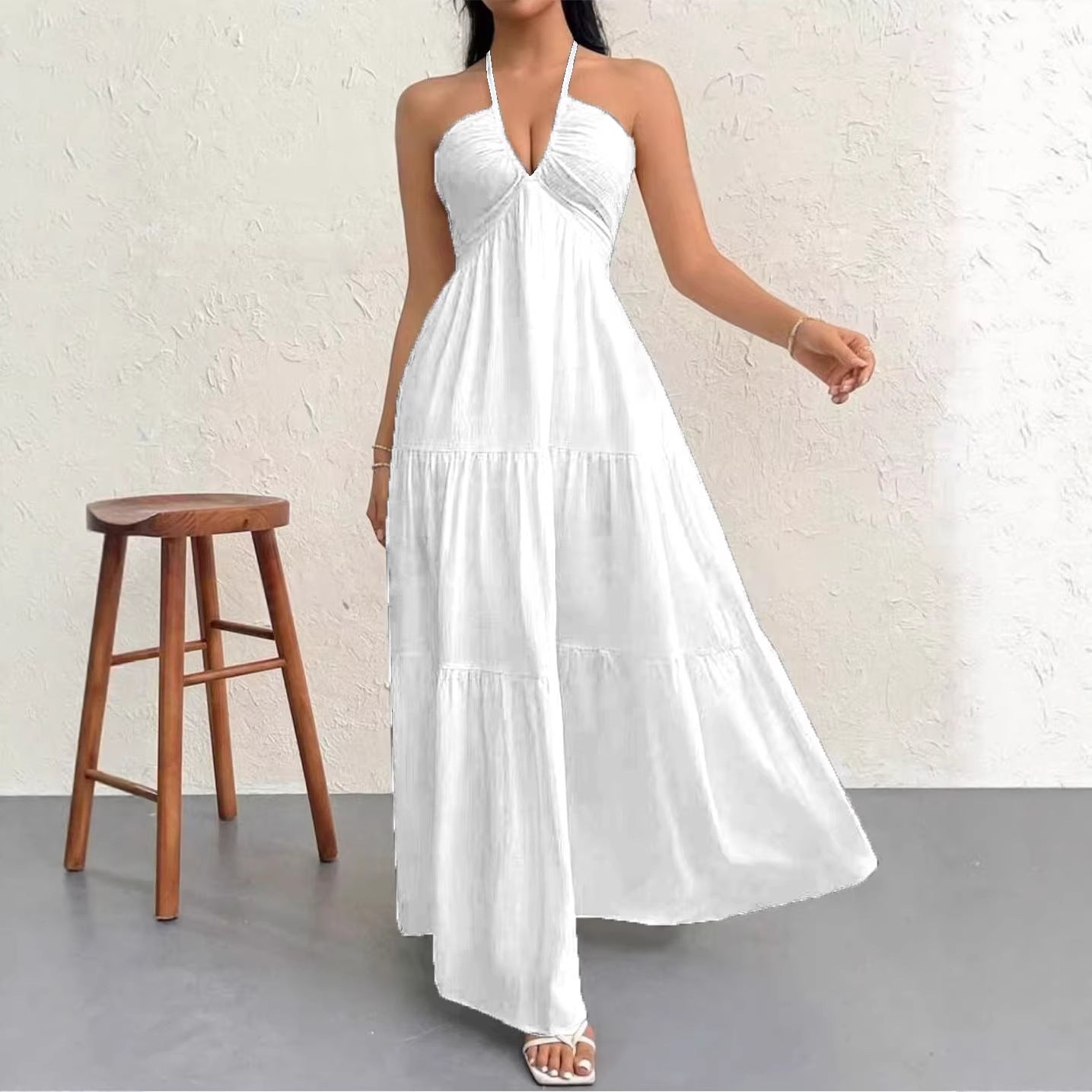 Women's V Shoulder Bohemian Style Belt Festival Dress