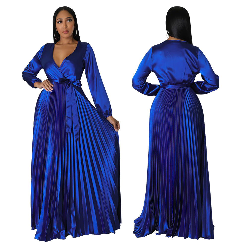 Women's Autumn Lantern Sleeve Pleated Dress Long Dresses