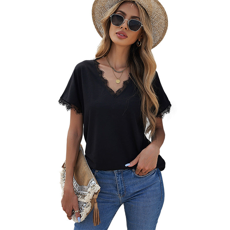 Women's T-shirt Sexy Lace Stitching Casual Short-sleeved Blouses