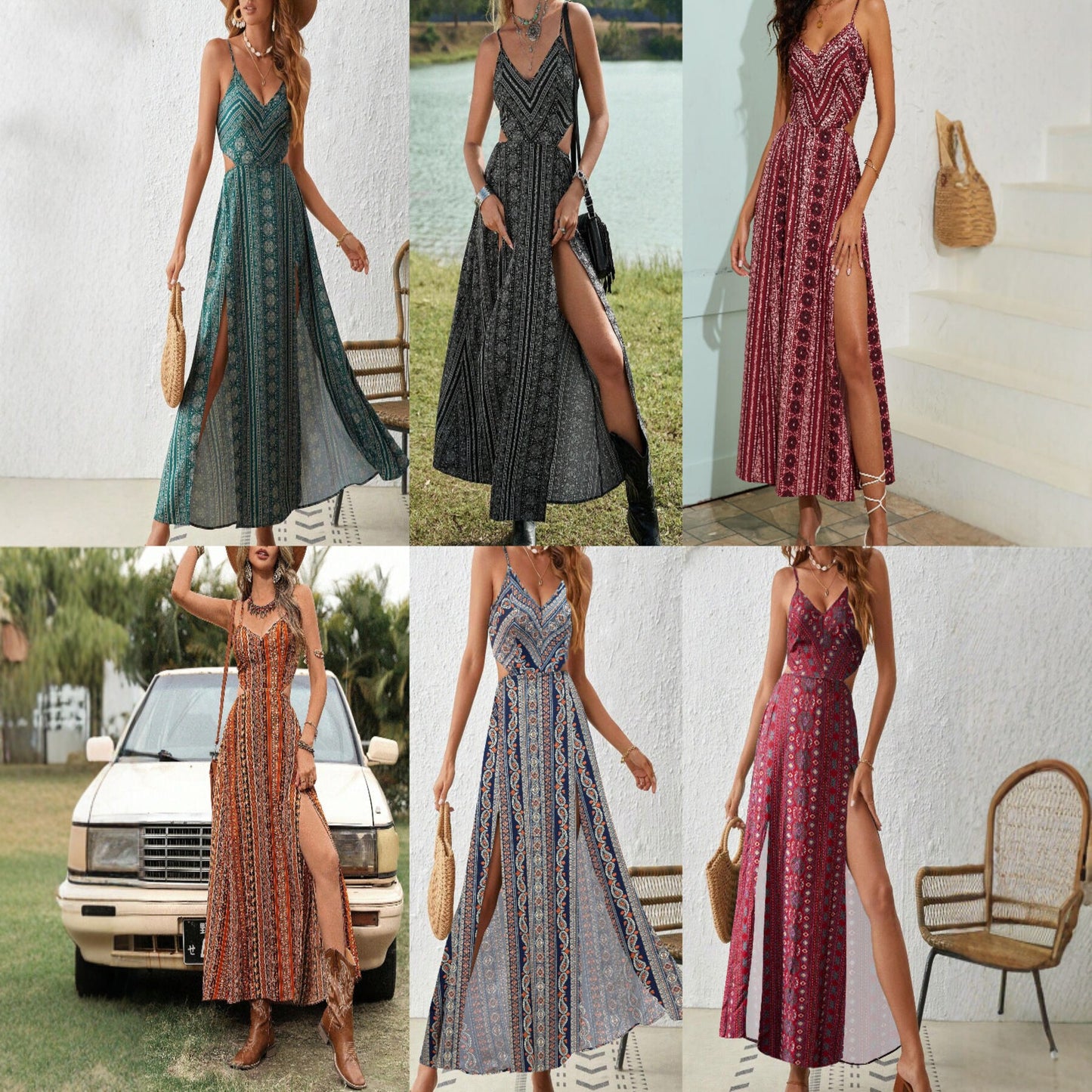 Printed Sexy Backless Sleeveless Split Vacation Dress