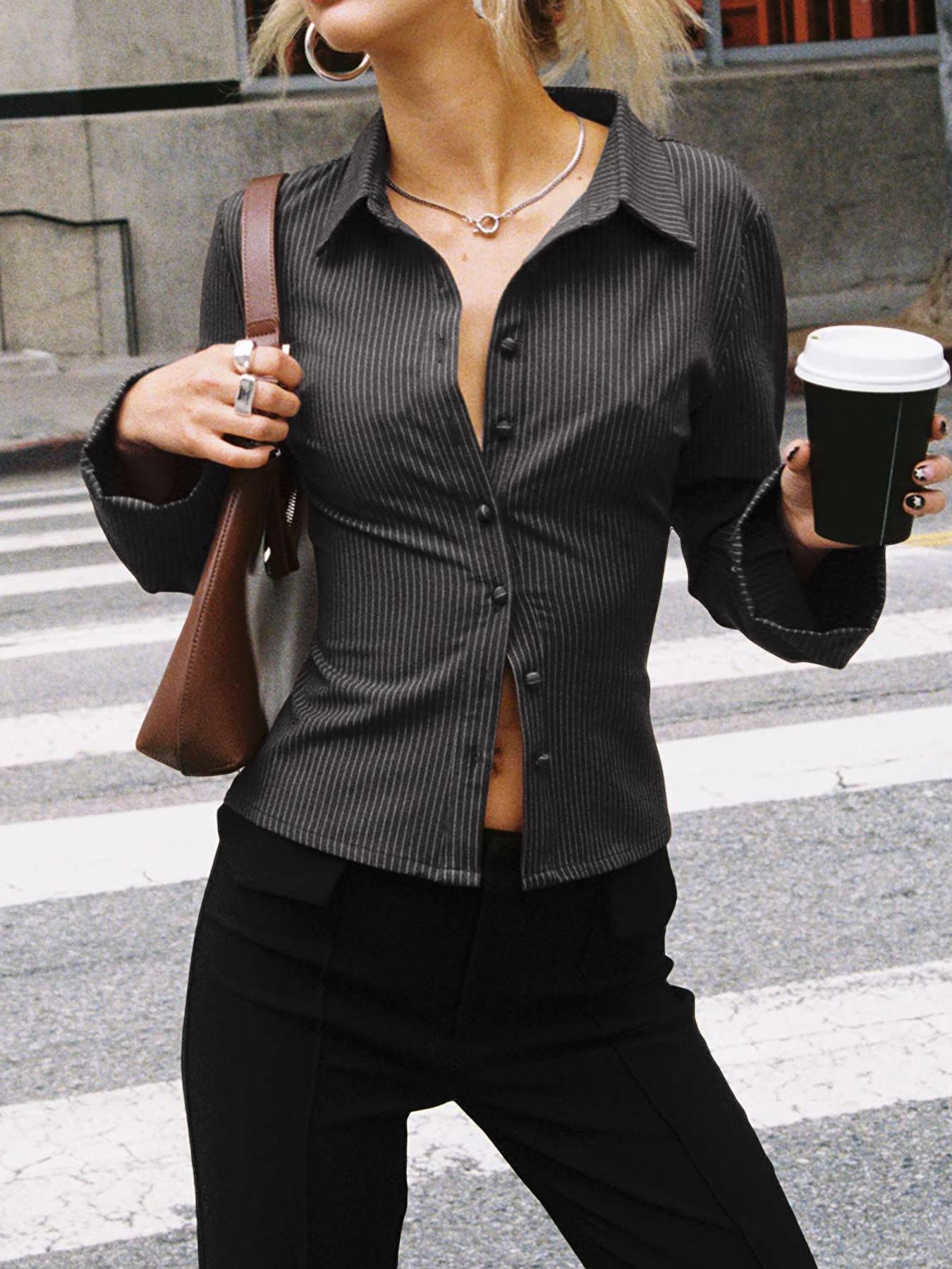 Lapel Breasted Long-sleeved Shirt Slim Striped Blouses