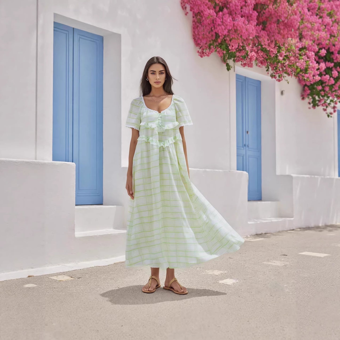 Striped Spaghetti Straps Backless Large Swing Fresh Dress