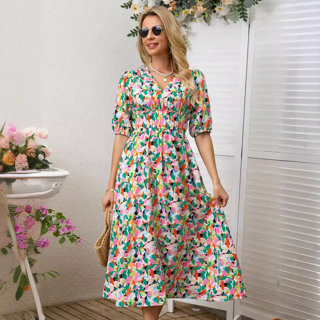 Classy Women's Summer Fashion Printed Waist Dress