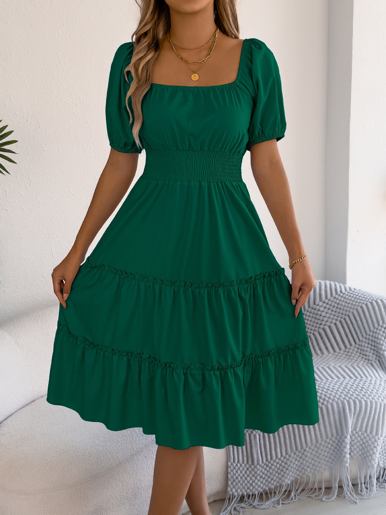 Women's Solid Color Square Collar Short-sleeved Wooden Dress