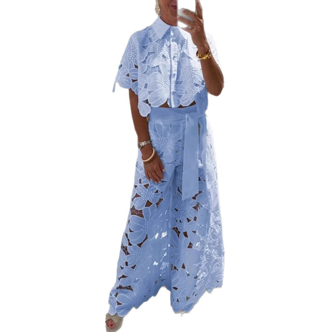 Summer Hollowed Leisure Lace Shirt Trousers Suits