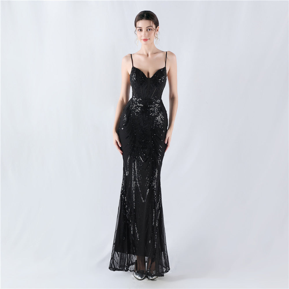 Shaping Waist Fishbone Sequined Positioning Flower Evening Dresses