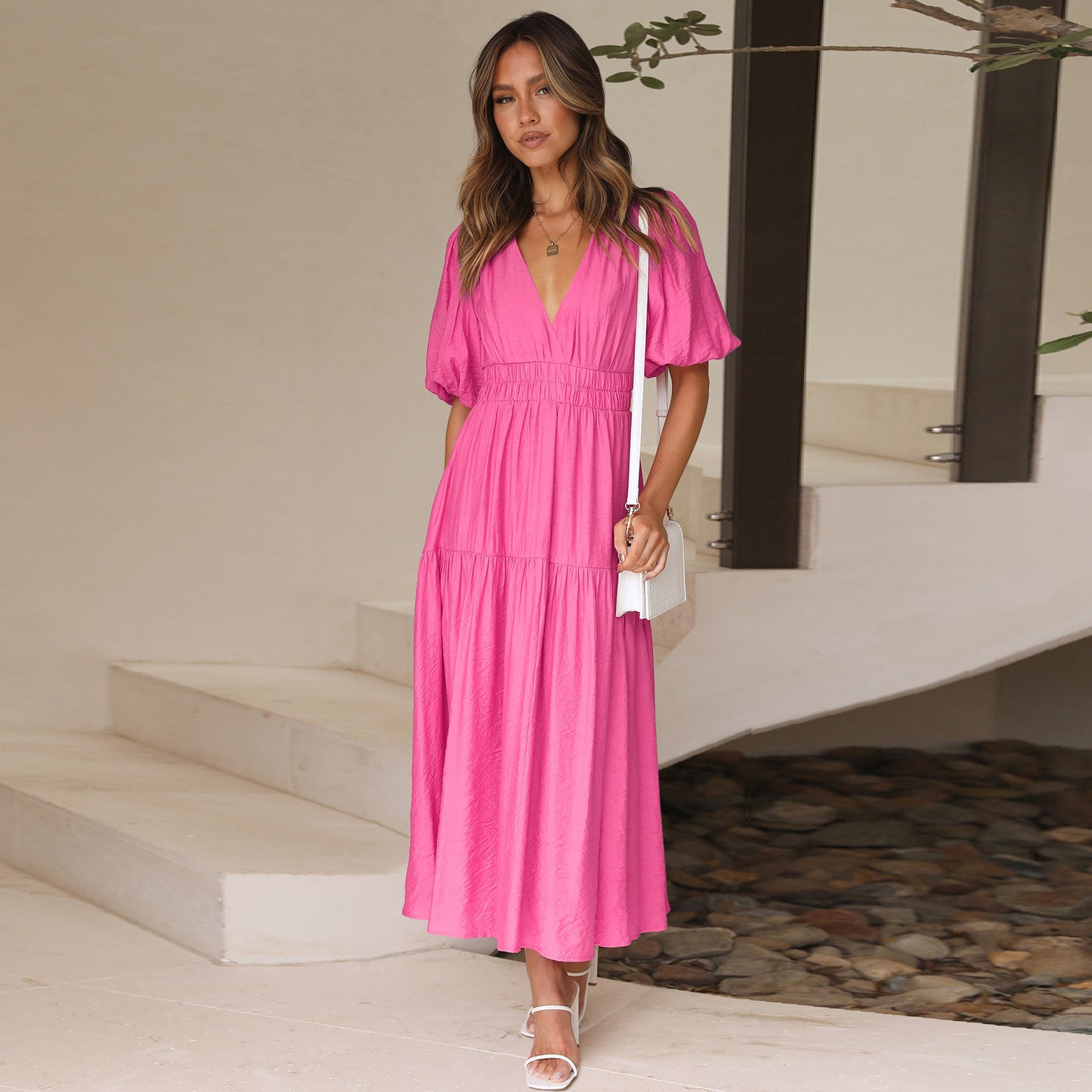 Women's Fashion Wear Summer High-grade Deep V Puff Sleeve Dress