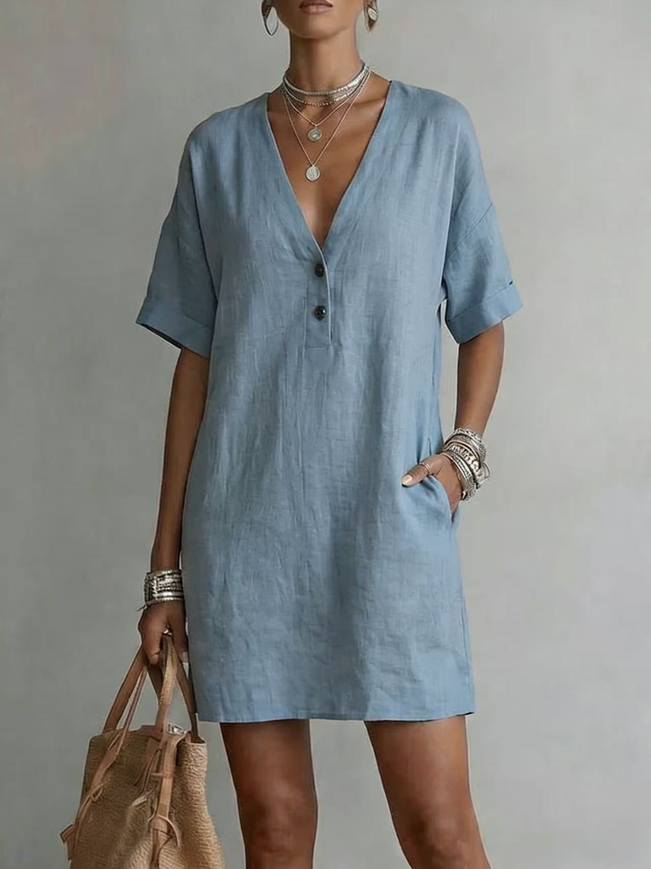 Summer Casual Comfortable Button Cotton Linen Dress