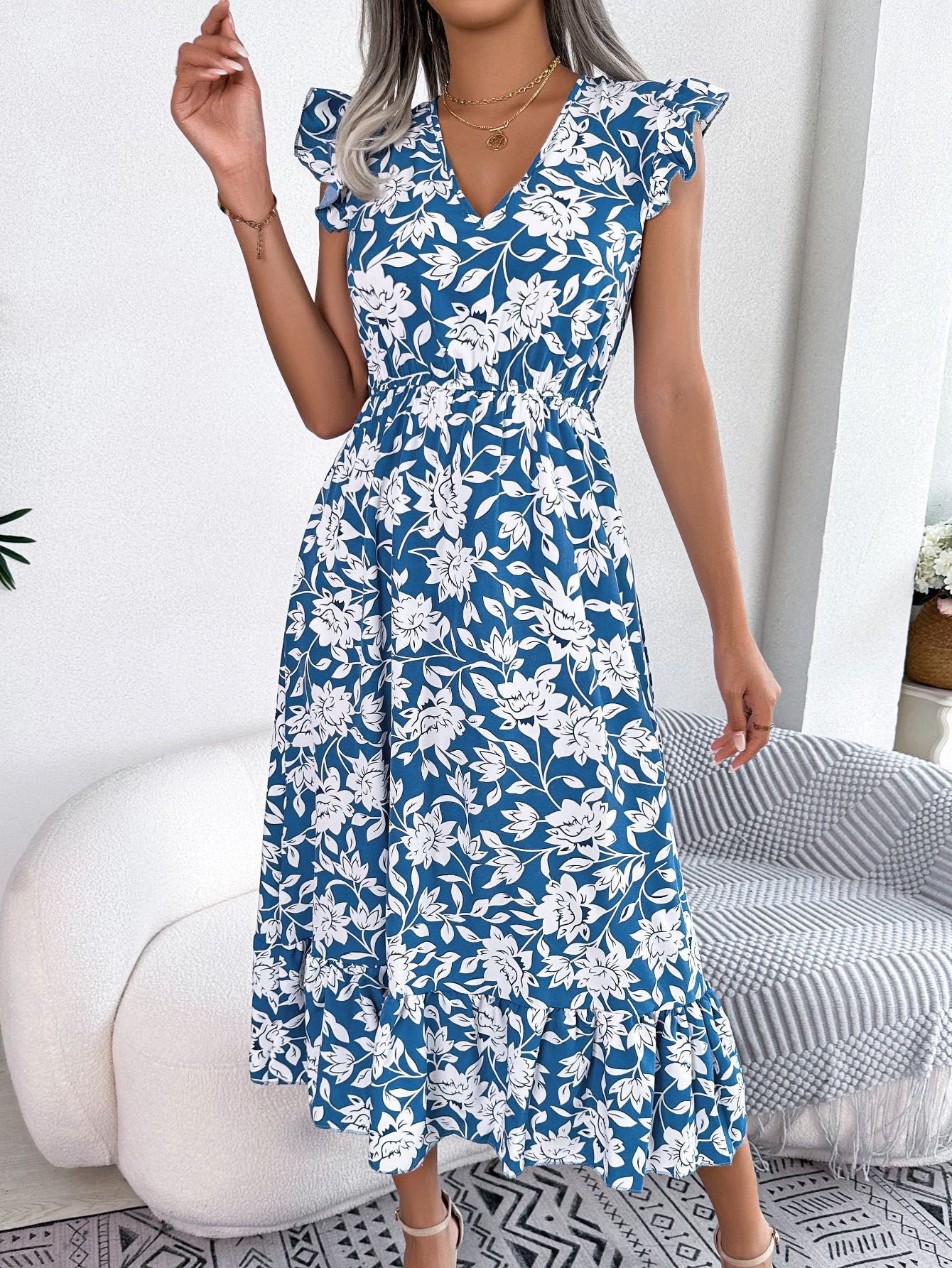 Women's Casual Wooden Ear Flower Long Holiday Dress