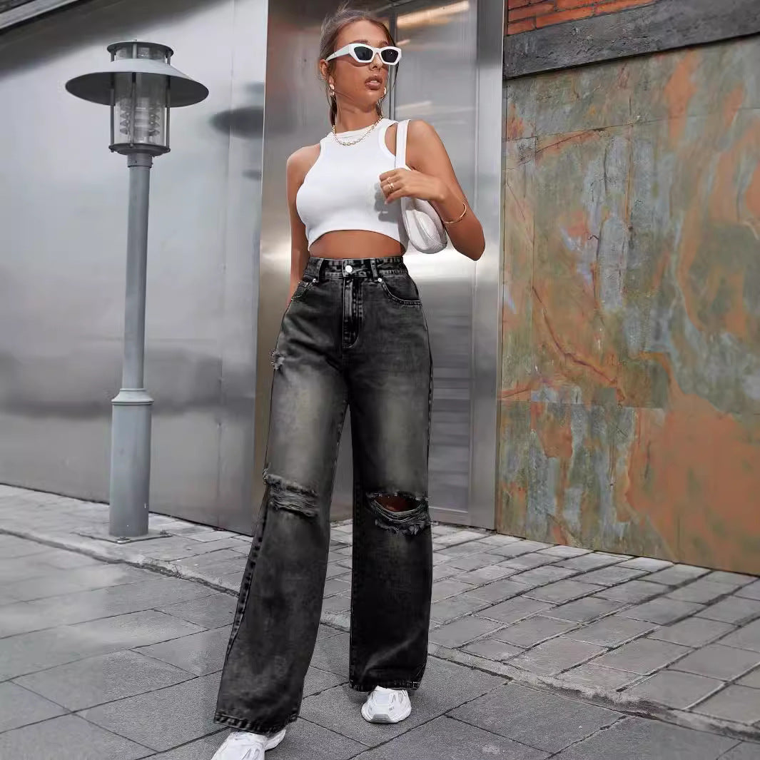 Women's Holes High Waist Wide Leg Casual Pants