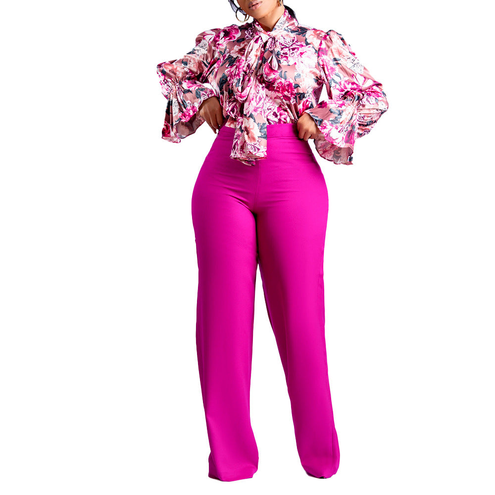 Women's Loose Large Printed Long-sleeved Shirt Two-piece Fashion Casual Suit