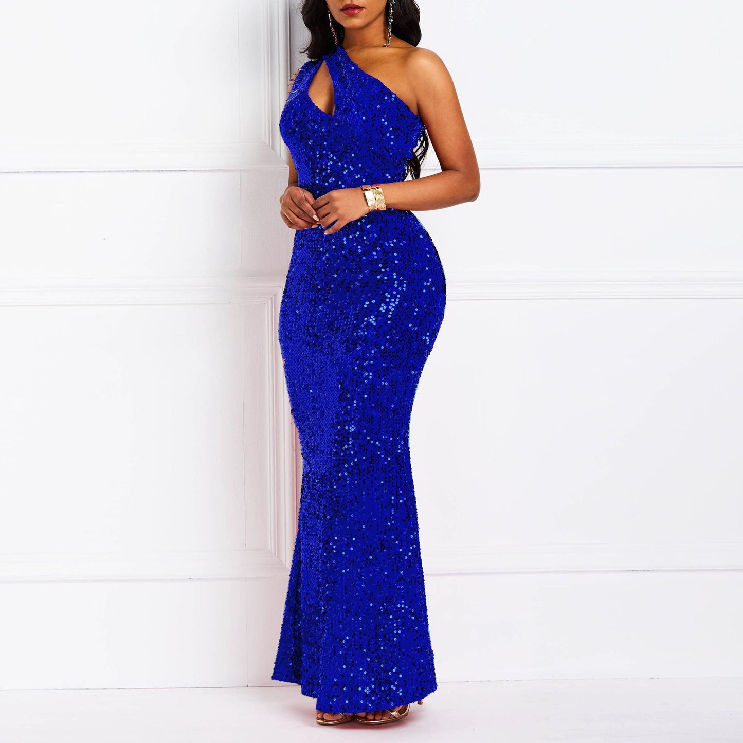 Fashion Sequin One Shoulder Solid Color Backless Fishtail Dresses