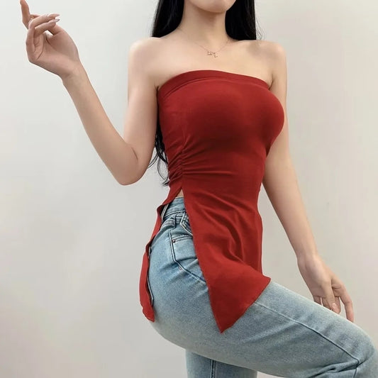 Slit Chest Pad Tube Summer Stretch Tops