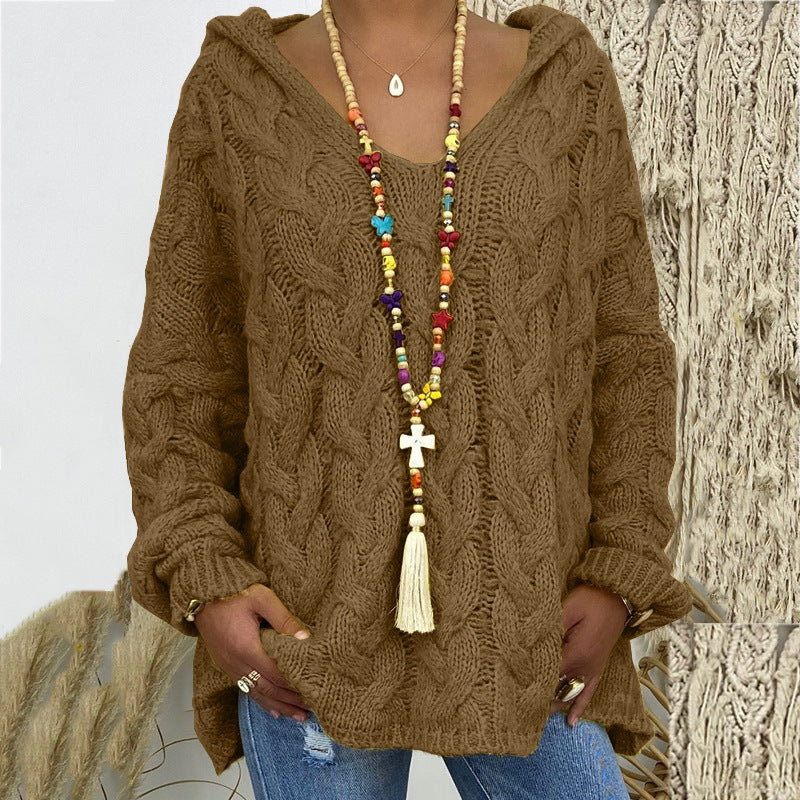 Women's Solid Color Twist Knitted Hoodie Sweater