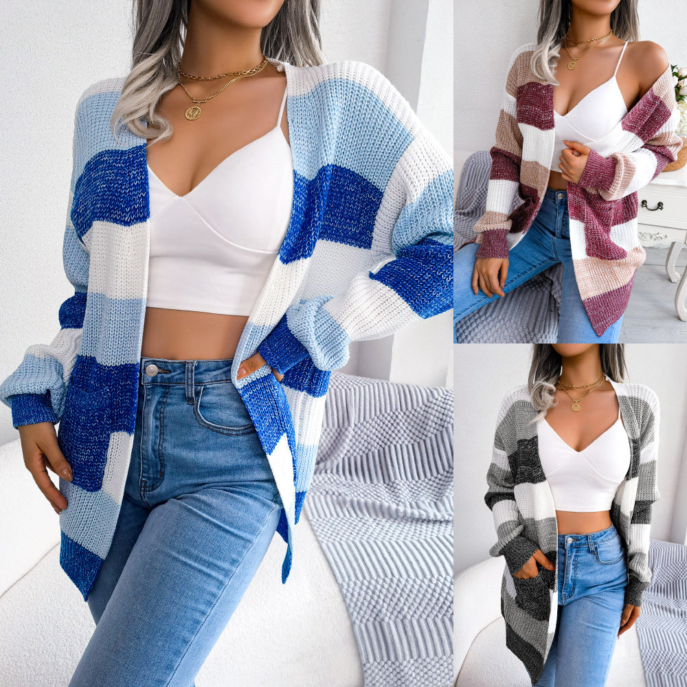 Women's Contrast Color Striped Lantern Sleeve Casual Cardigans