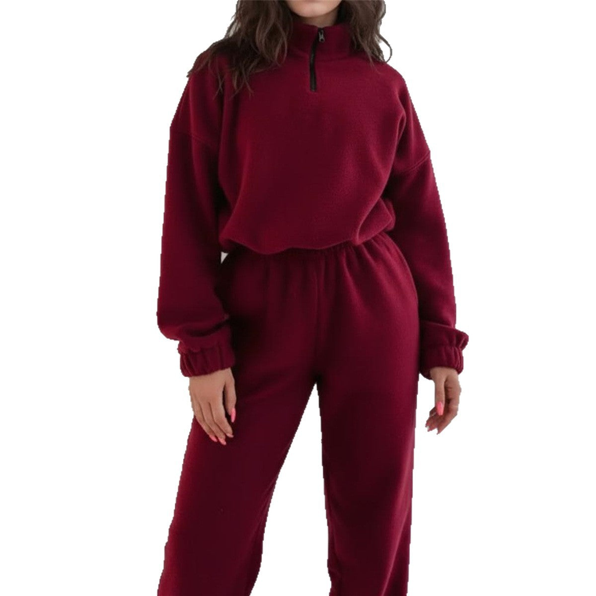 Women's Solid Color Loose Zip Stand Collar Fashion Casual Suit