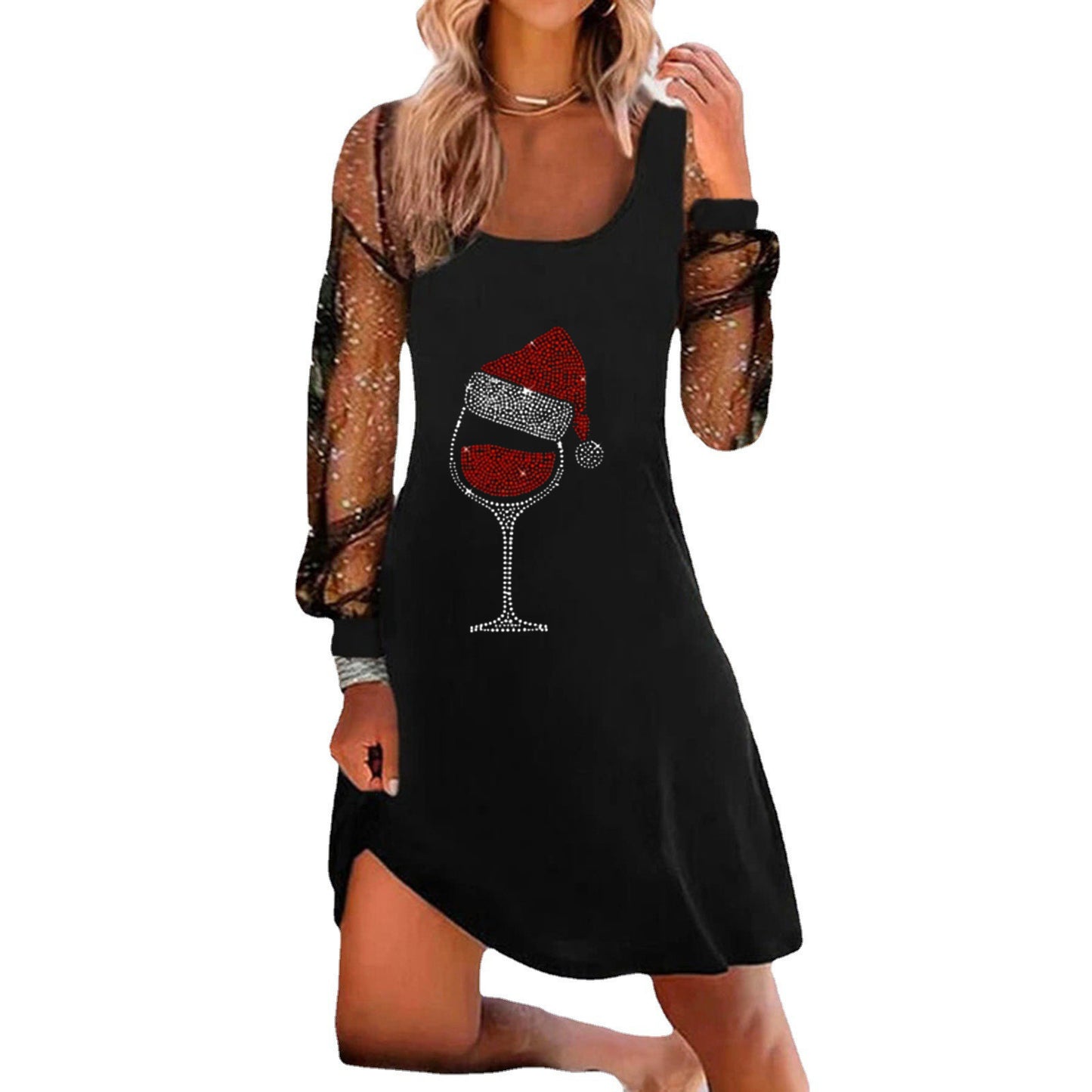 Women's Wine Glass Hot Drilling Upper Clothes Long Sleeves Dress