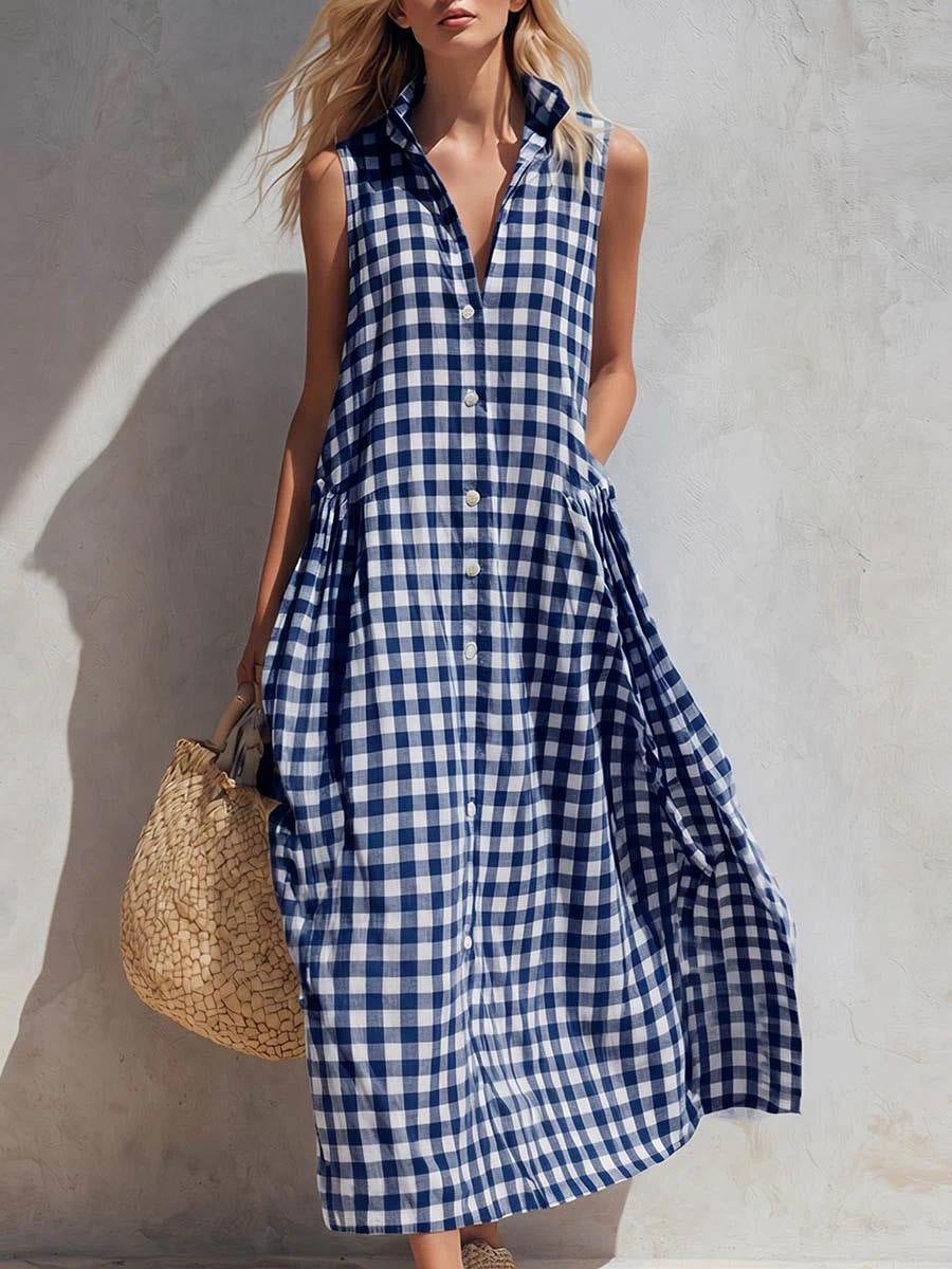 Sleeveless Summer Vacation Style Seaside Plaid Loose Dress