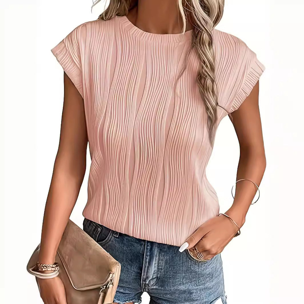 Women's Solid Color Round Neck Sleeves Texture Blouses